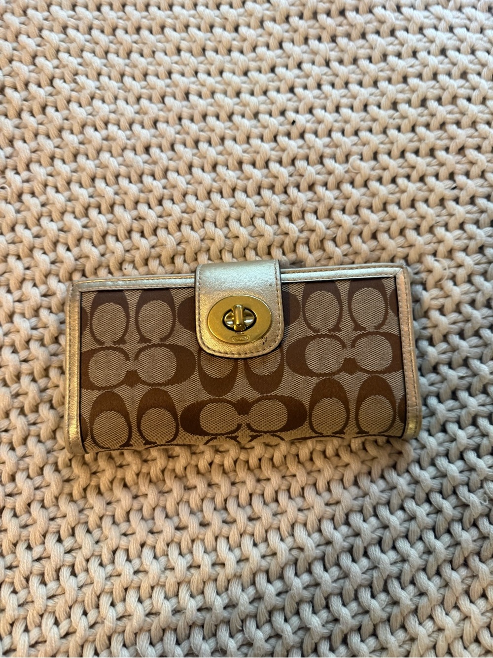 Coach Brown Signature Canvas Wallet with Gold Metallic Trim